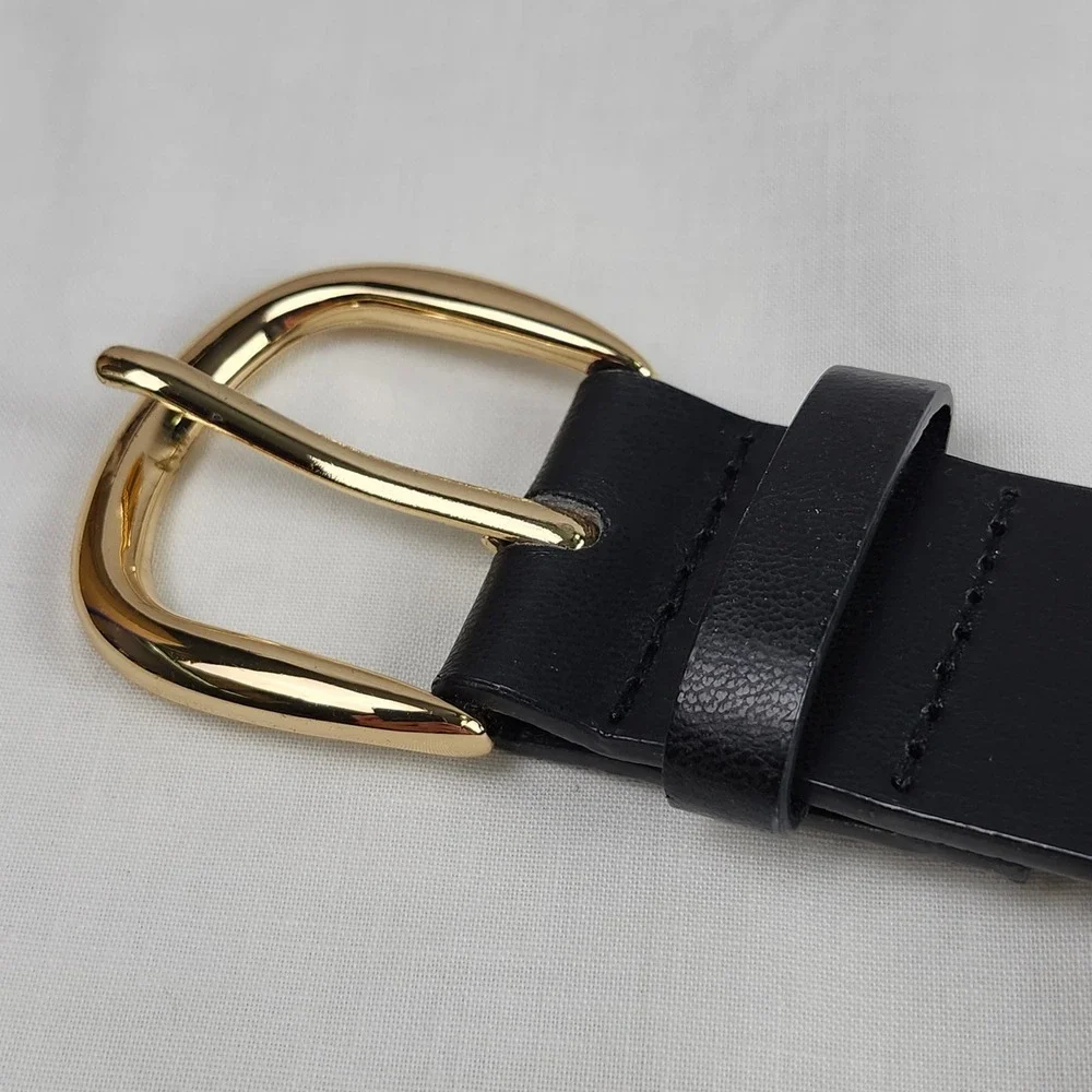 Vince Camuto Belt Womens Large Black Gold Chain Link Woven Leather Medallion